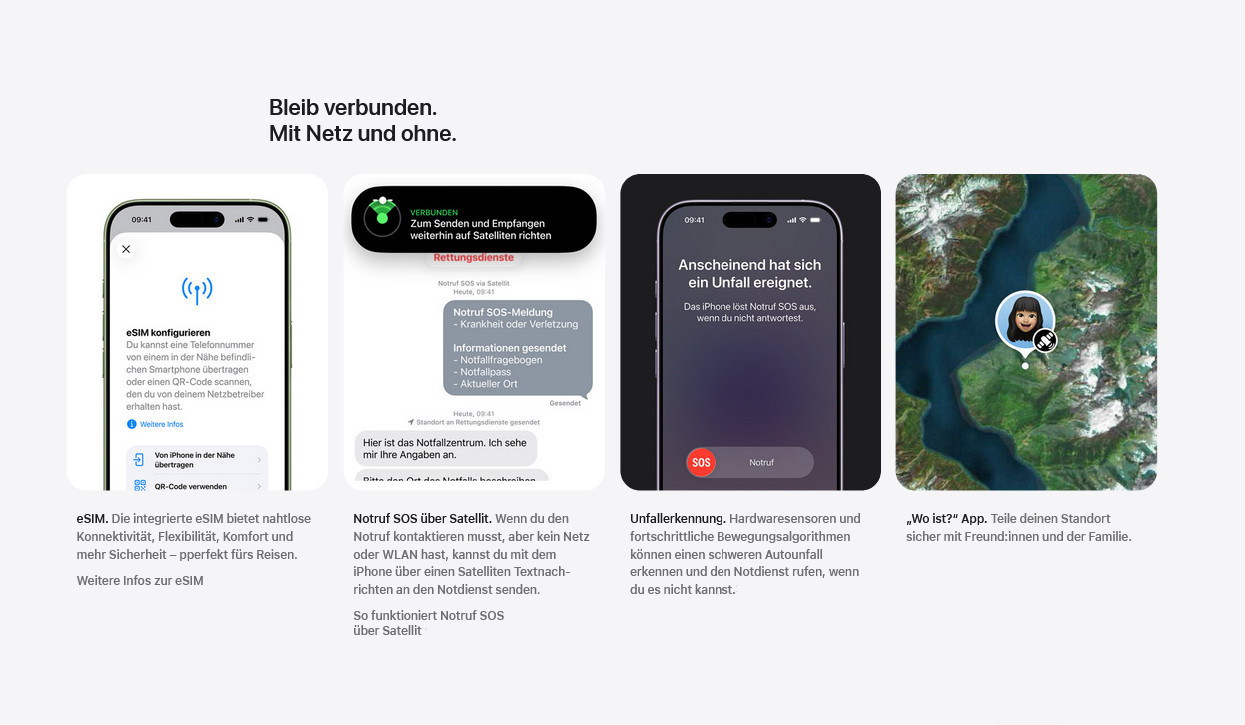 iPhone 17 mit eSIM, Notruf SOS über Satellit und Standortfreigabe in der Wo-ist-App