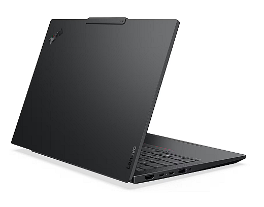 Lenovo ThinkPad E14 Gen 8 Intel 21Y6000FGE aus der rückwärtigen Perspektive mit teilweise geöffnetem Display und schlankem Business-Design.