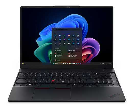 Frontansicht des geöffneten Lenovo ThinkPad E16 mit großem Display, Tastatur und Touchpad.